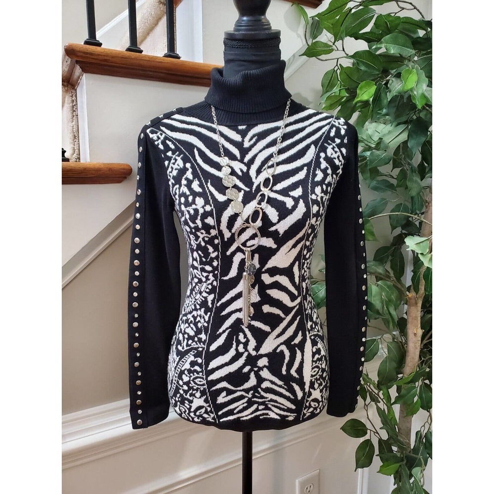 Yu.K. by SG Women's Black & White Rayon Turtle Neck‎ Long Sleeve Knit Sweater XS